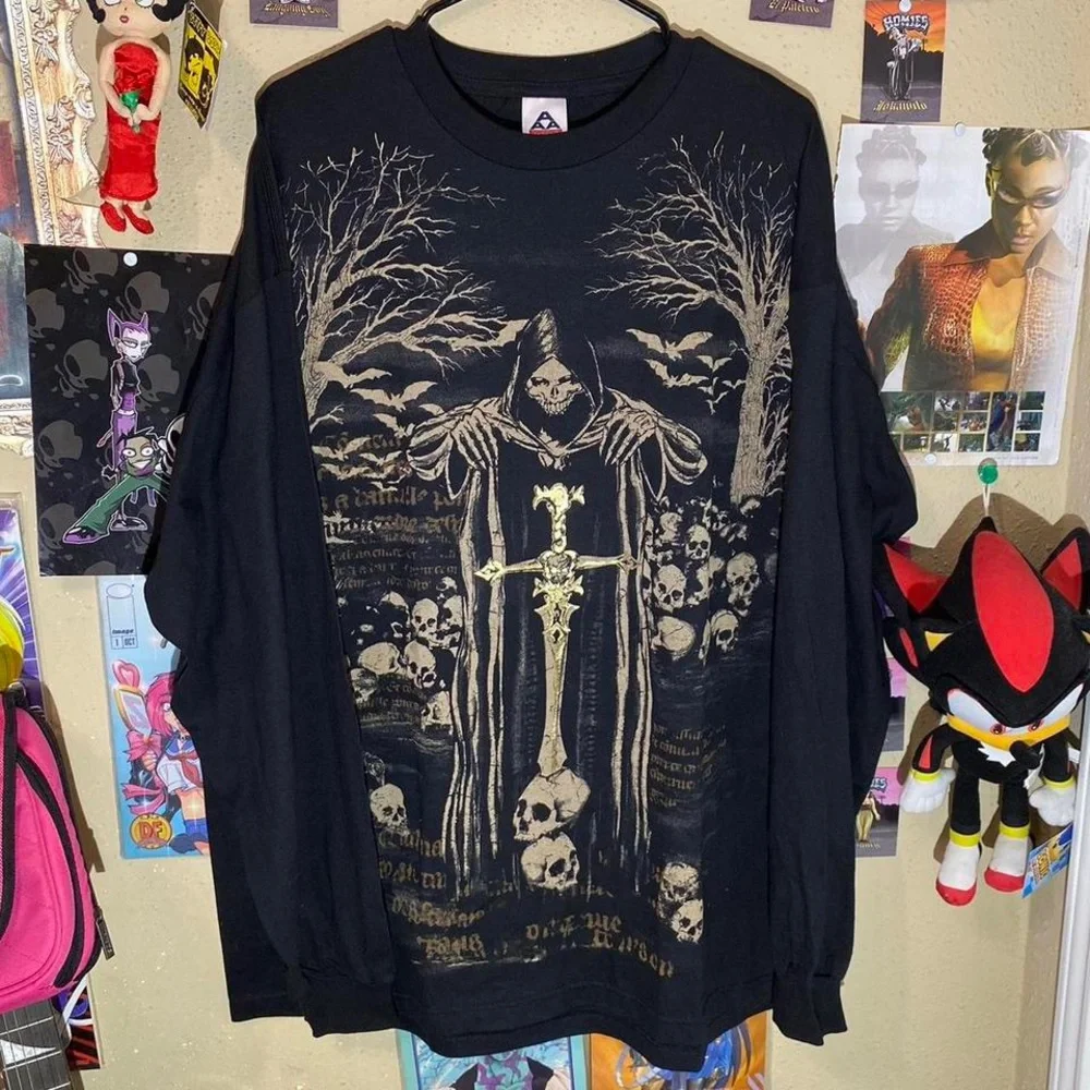 Cyber y2k goth skater grunge emo grim reaper graphic shirt size 2XLRG - Picture 1 of 4